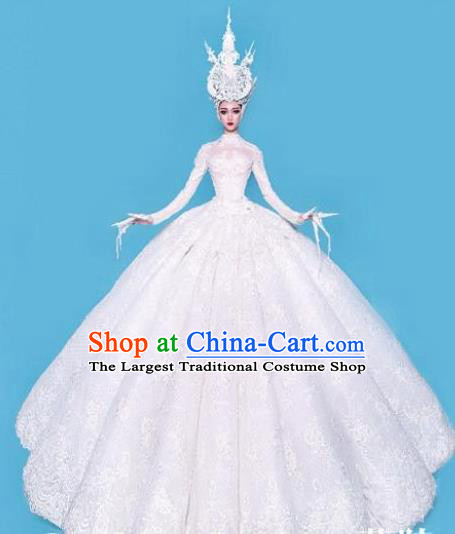 Handmade Europe Court Princess Stage Show White Full Dress Halloween Cosplay Fancy Ball Modern Fancywork Costume for Women