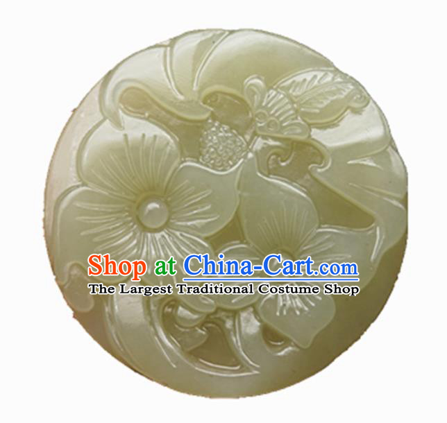 Handmade Chinese Jade Carving Bat Flowers Pendant Traditional Jade Craft Jewelry Accessories