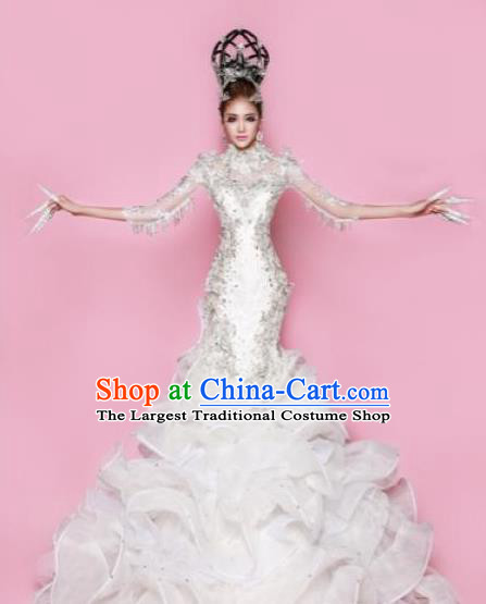 Handmade Modern Fancywork Stage Show Court White Fishtail Dress Halloween Cosplay Queen Fancy Ball Costume for Women