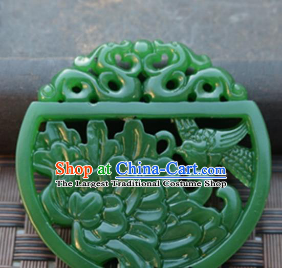 Handmade Chinese Ancient Green Jade Carving Peony Bird Pendant Traditional Jade Craft Jewelry Decoration Accessories