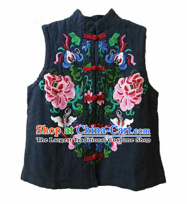 Traditional Chinese Embroidered Peony Navy Vest Tang Suit Upper Outer Garment National Costume for Women