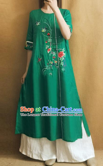 Traditional Chinese Embroidered Peony Green Cheongsam Qipao Dress Tang Suit National Costume for Women