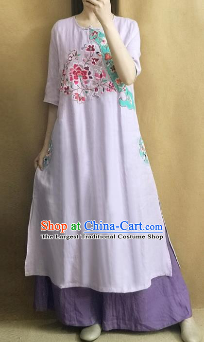 Traditional Chinese Embroidered Peony Lilac Cheongsam Qipao Dress Tang Suit National Costume for Women