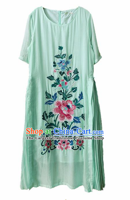 Traditional Chinese Embroidered Peony Green Rayon Cheongsam Qipao Dress Tang Suit National Costume for Women