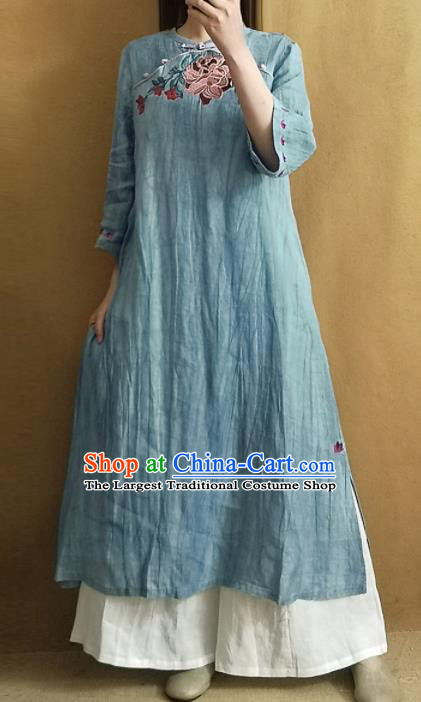 Traditional Chinese Embroidered Blue Linen Dress Tang Suit Cheongsam National Costume for Women