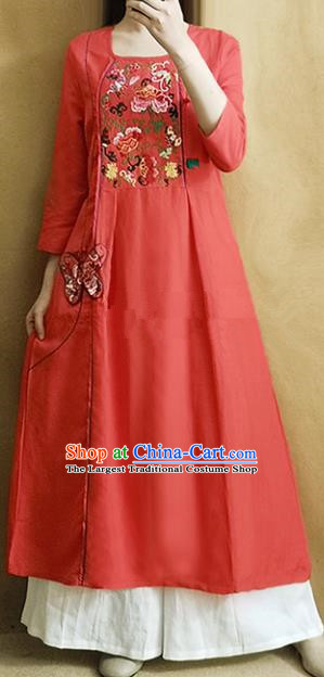 Traditional Chinese Embroidered Peony Red Linen Qipao Dress Tang Suit Cheongsam National Costume for Women