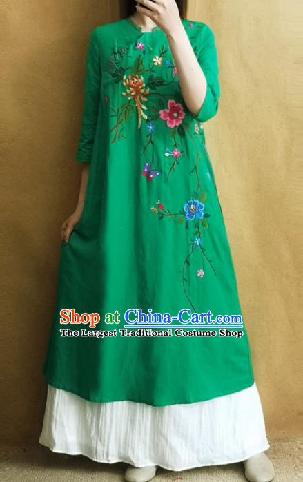 Traditional Chinese Embroidered Chrysanthemum Green Qipao Dress Tang Suit Cheongsam National Costume for Women