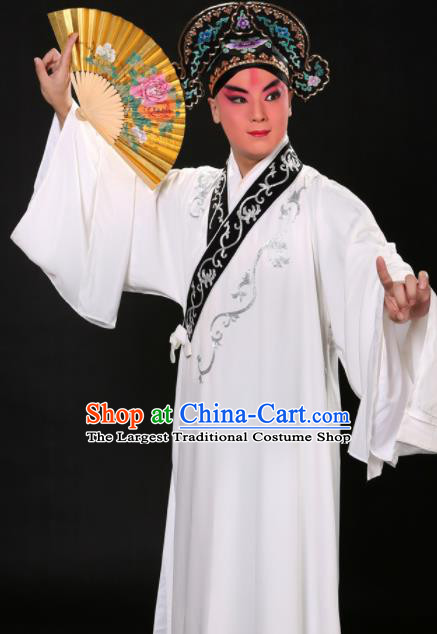 Handmade Chinese Beijing Opera Niche Costume Traditional Peking Opera Scholar Embroidered White Robe for Men