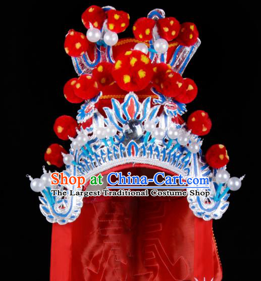 Chinese Handmade Beijing Opera Takefu Hat Traditional Ancient General Red Helmet for Men