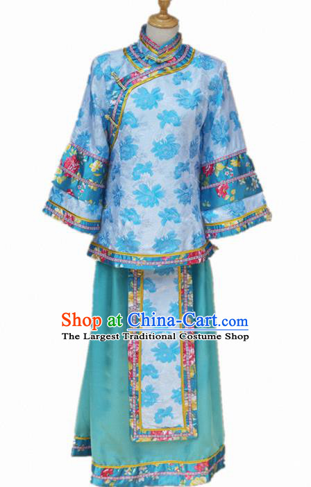 Traditional Chinese Republican Period Young Mistress Blue Dress Ancient Landlord Shiva Costume for Women