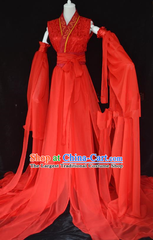 Traditional Chinese Cosplay Swordswoman Red Hanfu Dress Ancient Peri Princess Costume for Women