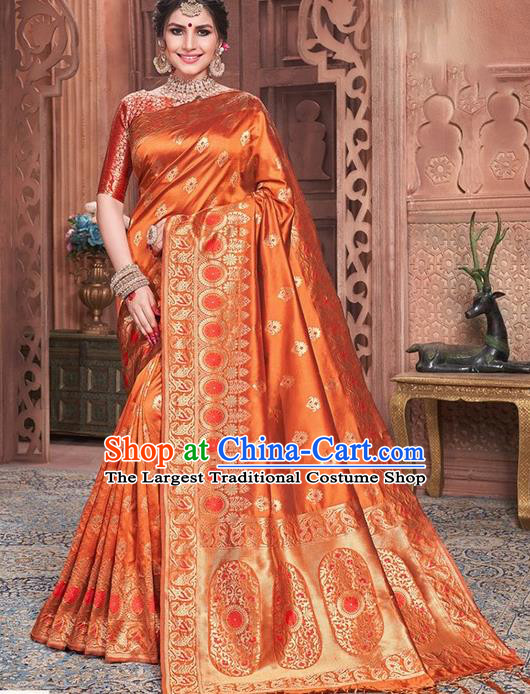 Indian Traditional Costume Asian India Embroidered Orange Sari Dress Bollywood Court Queen Clothing for Women