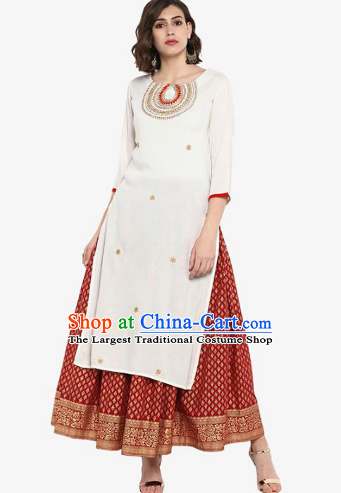 Asian India Traditional Informal Costumes South Asia Indian National White Blouse and Dress for Women