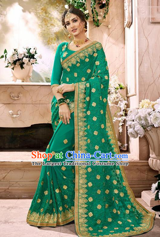 Indian Traditional Court Costume Asian India Deep Green Sari Dress Bollywood Queen Clothing for Women