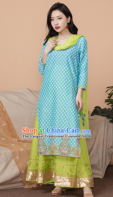 Asian India Traditional Informal Punjabi Costumes South Asia Indian National Blue Blouse and Dress for Women