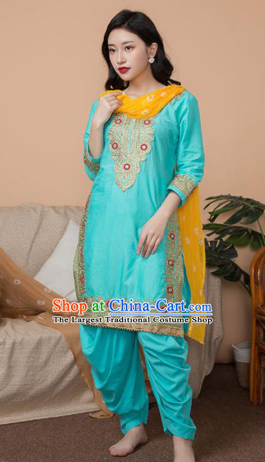 Asian India Traditional Informal Punjabi Costumes South Asia Indian National Blue Blouse and Pants for Women