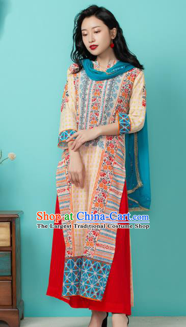 Asian India Traditional Punjabi Costumes South Asia Indian National Informal Beige Blouse and Pants for Women