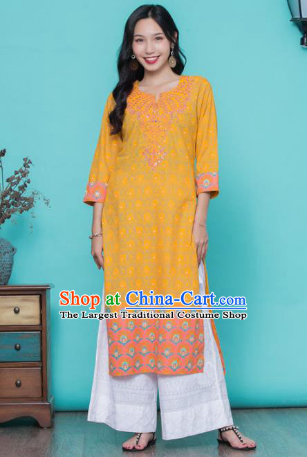 Asian India Traditional Costumes South Asia Indian National Yellow Blouse and Pants for Women