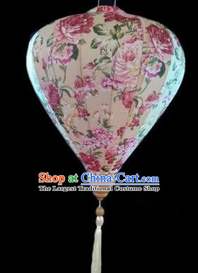 Chinese Traditional Lantern Handmade Printing Peony Beige Lanterns Ceiling Lamp New Year Lantern