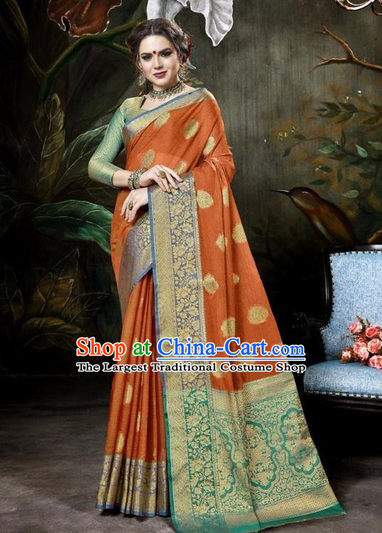 Asian India Traditional Bollywood Orange Sari Dress Indian Court Queen Costume for Women