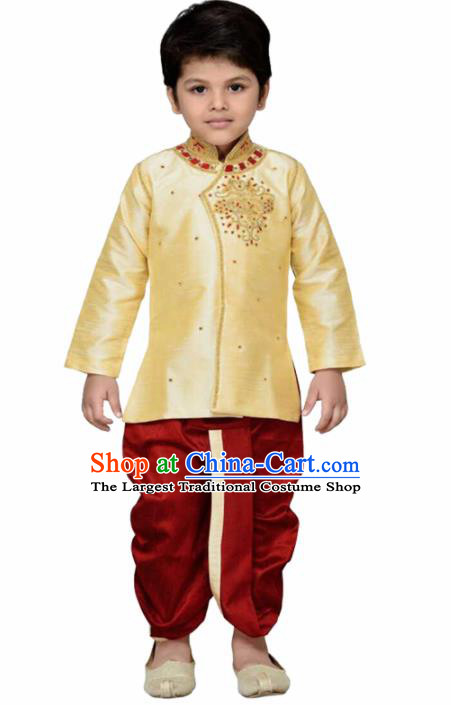 Asian India Traditional Costumes South Asia Indian National Golden Shirt and Red Pants for Kids