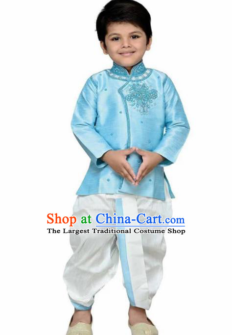 Asian India Traditional Costumes South Asia Indian National Blue Shirt and White Pants for Kids