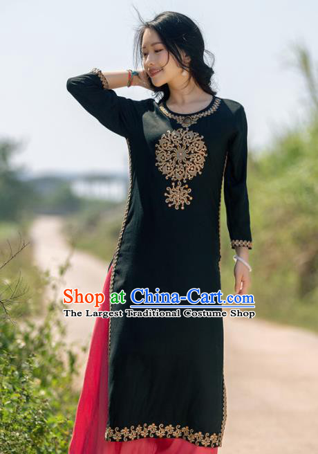 South Asian India Traditional Punjabi Costumes Asia Indian National Black Blouse and Pants for Women