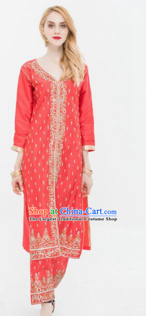 South Asian India Traditional Punjabi Costumes Asia Indian National Yoga Red Blouse and Pants for Women