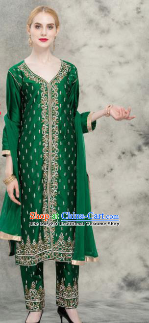 South Asian India Traditional Punjabi Costumes Asia Indian National Yoga Green Blouse and Pants for Women