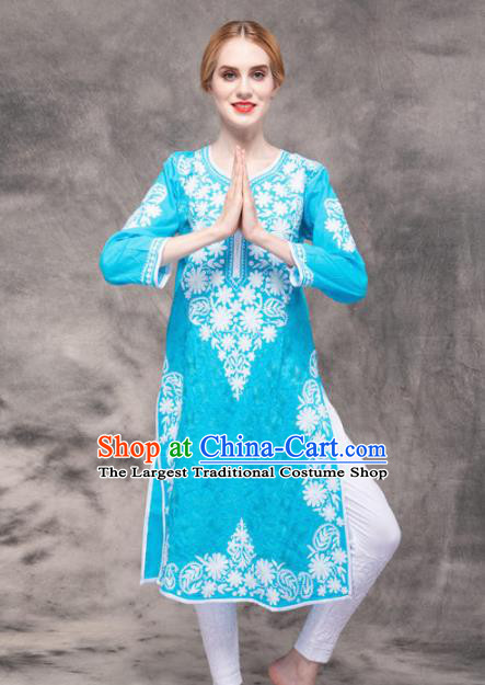 South Asian India Traditional Yoga Costumes Asia Indian National Punjabi Blue Blouse and Pants for Women