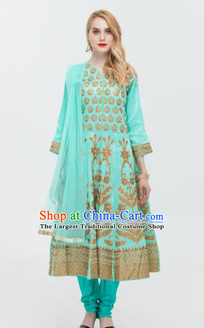 South Asian India Traditional Green Costumes Asia Indian National Punjabi Dress and Pants for Women