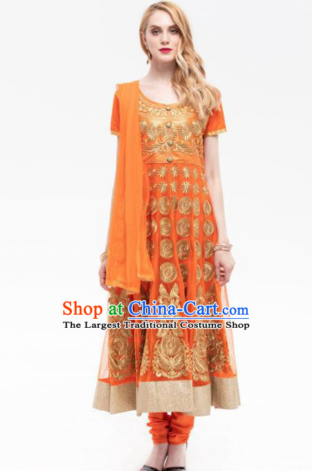 South Asian India Traditional Yoga Costumes Asia Indian National Punjabi Orange Dress and Pants for Women