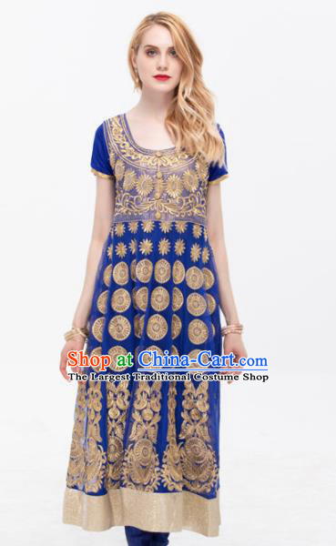 South Asian India Traditional Yoga Costumes Asia Indian National Punjabi Royalblue Dress and Pants for Women