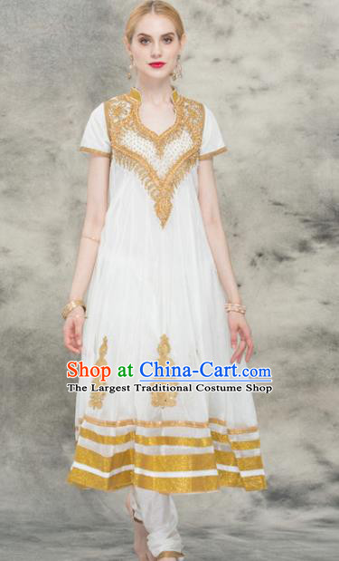 South Asian India Traditional Yoga Costumes Asia Indian National Punjabi White Veil Dress and Pants for Women