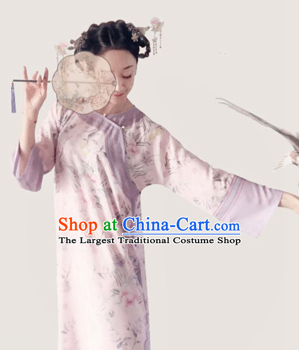 Traditional Chinese Printing Light Pink Cheongsam Tang Suit Qipao Dress National Costume for Women