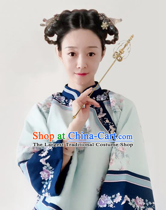 Traditional Chinese Tang Suit Printing Peony Green Blouse Upper Outer Garment National Costume for Women