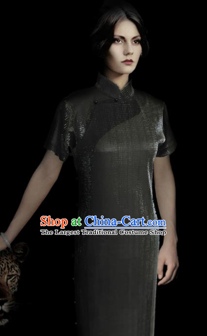 Traditional Chinese Black Cheongsam Tang Suit Qipao Dress National Costume for Women