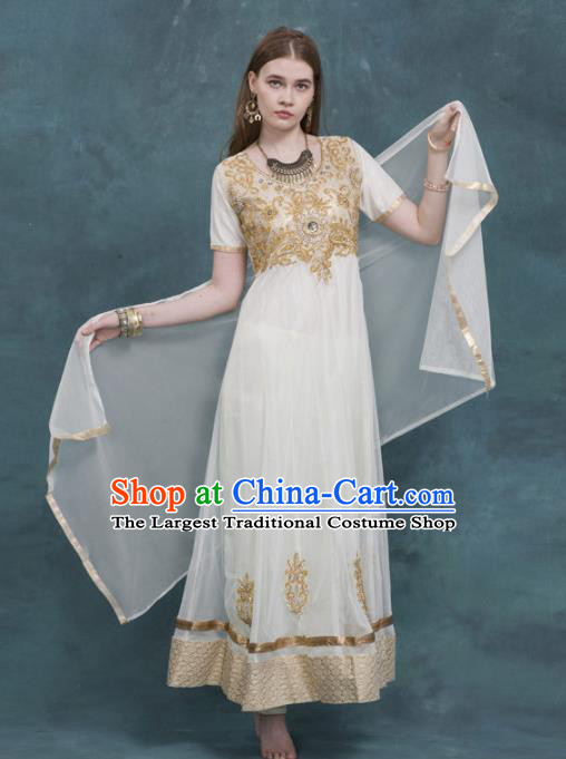 South Asian India Traditional Costume White Dress Asia Indian National Punjabi Suit for Women