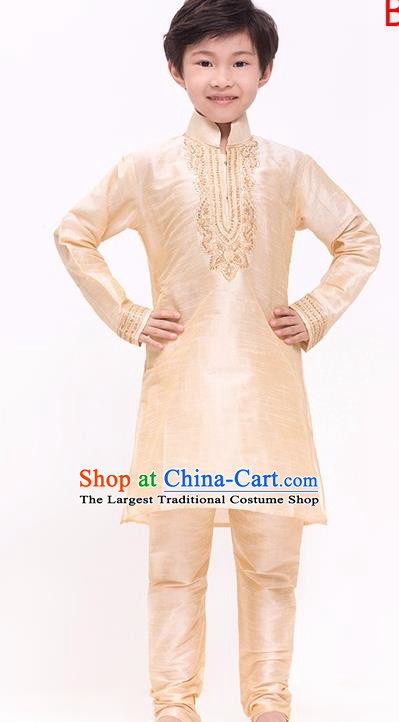 South Asian India Traditional Costume Champagne Shirt and Pants Asia Indian National Suit for Kids