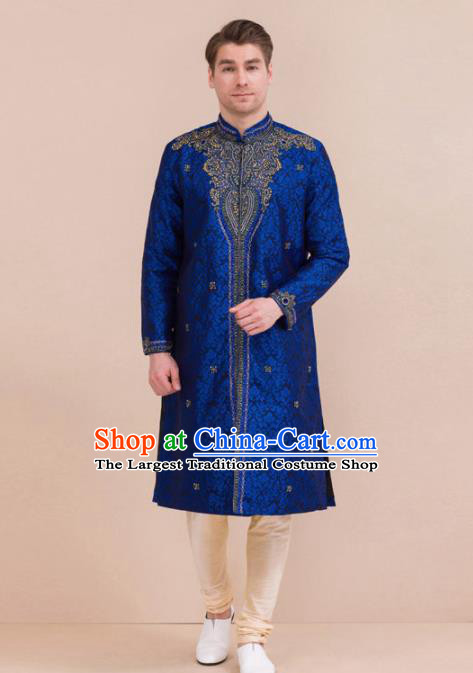 South Asian India Traditional Costume Royalblue Robe and Pants Asia Indian National Suit for Men