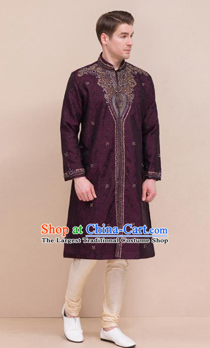 South Asian India Traditional Costume Purple Coat and Pants Asia Indian National Suit for Men