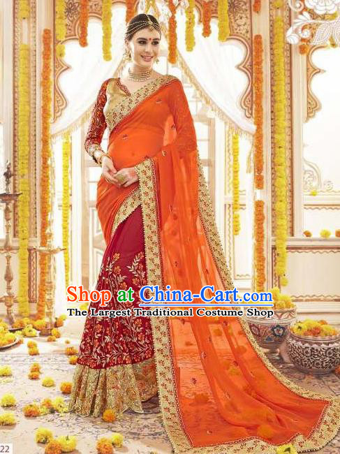 Asian India Traditional Wedding Sari Dress Indian Bollywood Court Bride Orange Costume for Women