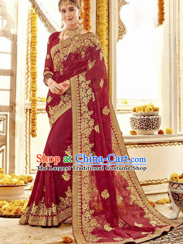 Asian India Traditional Court Wedding Amaranth Sari Dress Indian Bollywood Bride Costume for Women