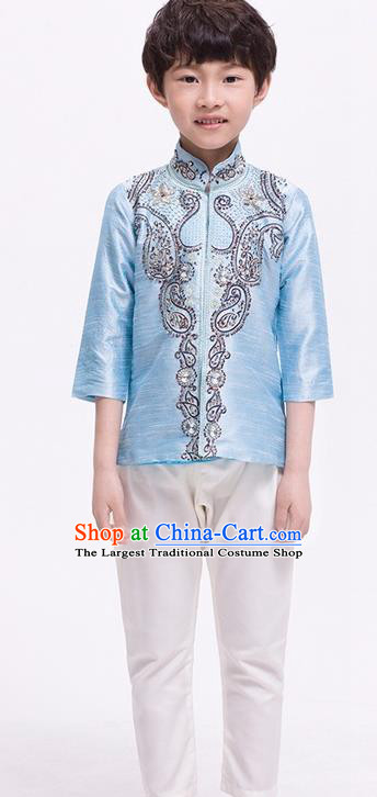 South Asian India Traditional Costume Blue Shirt and Pants Asia Indian National Suit for Kids