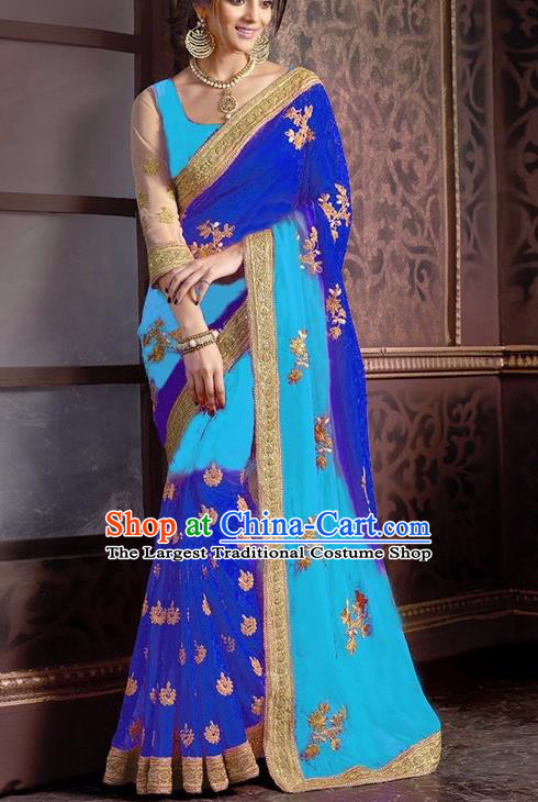 Indian Traditional Blue Sari Dress Asian India Court Princess Bollywood Embroidered Costume for Women