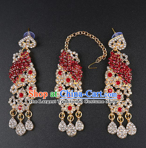 Asian India Traditional Wedding Jewelry Accessories Indian Bollywood Red Crystal Earrings and Eyebrows Pendant for Women