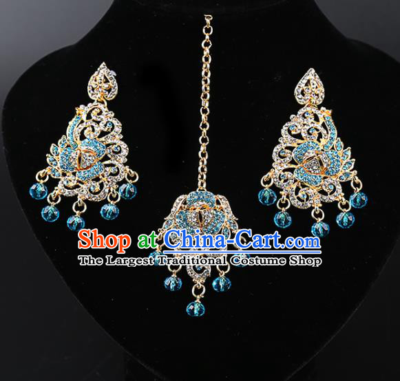 Asian India Traditional Wedding Jewelry Accessories Indian Bollywood Blue Crystal Tassel Earrings and Eyebrows Pendant for Women