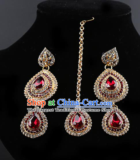 Indian Traditional Bollywood Red Crystal Earrings and Eyebrows Pendant India Court Princess Jewelry Accessories for Women