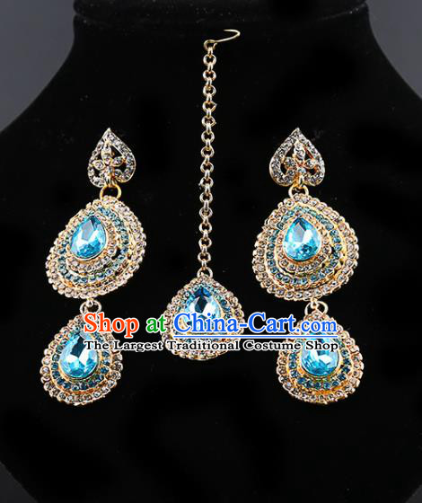 Indian Traditional Bollywood Blue Crystal Earrings and Eyebrows Pendant India Court Princess Jewelry Accessories for Women