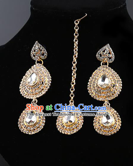 Indian Traditional Bollywood Crystal Earrings and Eyebrows Pendant India Court Princess Jewelry Accessories for Women